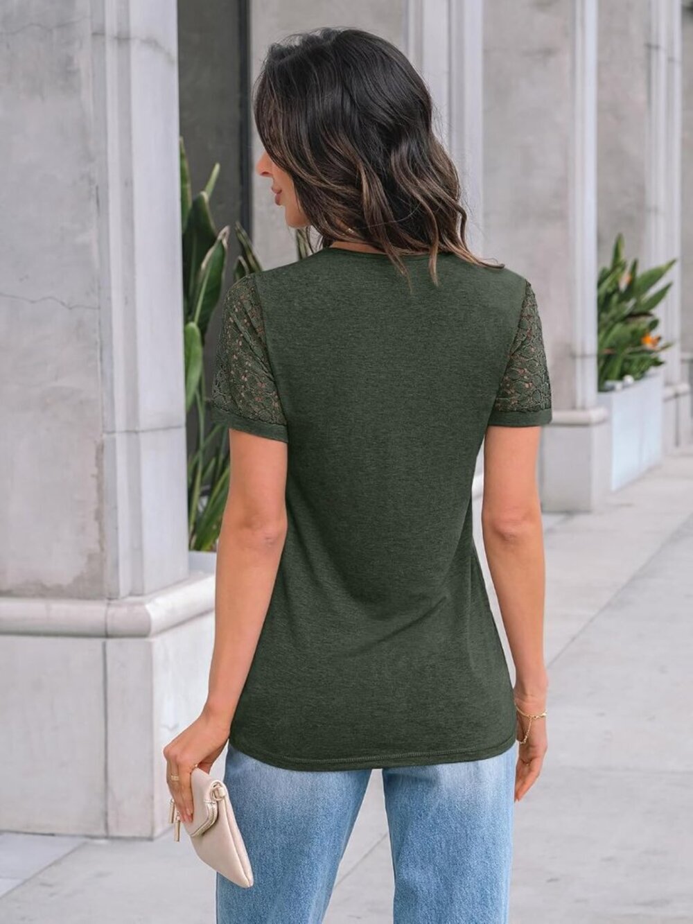 Women's T Shirt Green Short Sleeve Dressy Lace Summer Casual Work Outfit Blouses - Picture 4 of 5